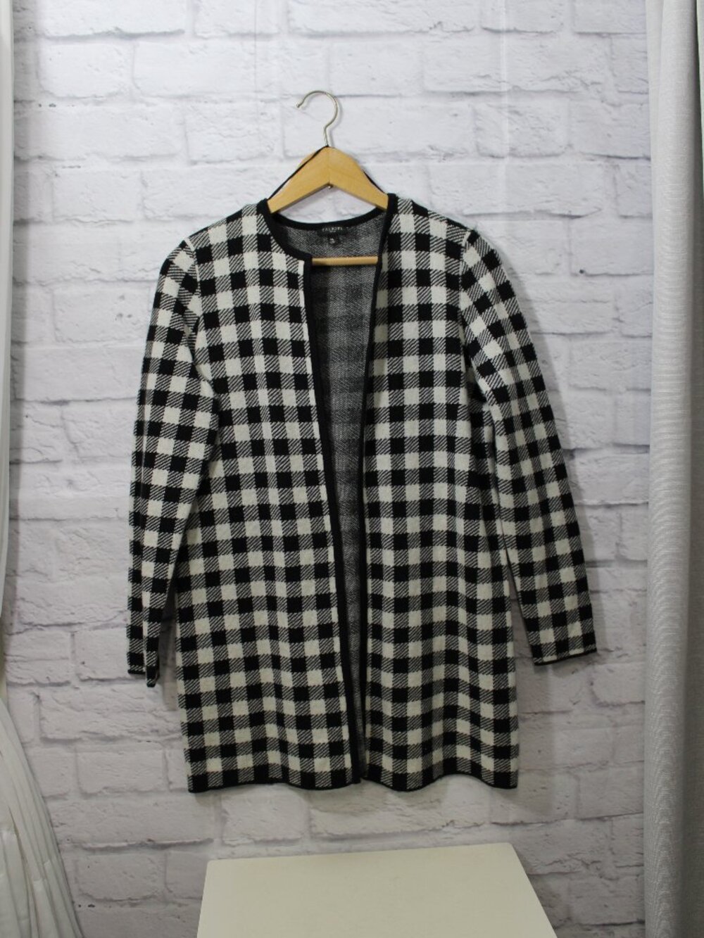 Talbots Medium Petite Classic Checkered Open Front Wool Blend Long Cardigan